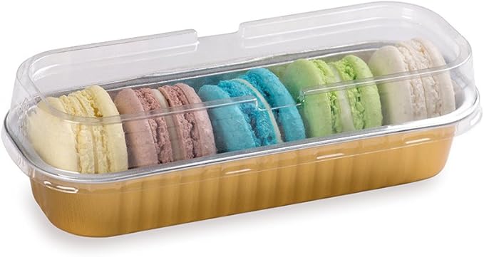 Restaurantware Aluminum Loaf Pan 100 Count 6.5 x 2.56 x 1.18 Inch Greaseproof Bread Pan with Lid, Oven-Safe Even Cooking Rectangular, Gold Design for Baking