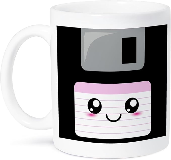 3dRose mug_57453_1 Kawaii Cute Happy Floppy Disk Retro Computer Nerd Japanese Anime Smiley Cartoon with Pink Label Ceramic Mug, 11-Ounce