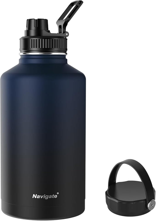 Navigate 64 oz Stainless Steel Insulated Water Bottle,Double Walled Leak Proof Keep Cold for 24 Hrs Hot for 12 Hrs,Wide Mouth Water Jug with Spout & Handle Lids,Blue to Black