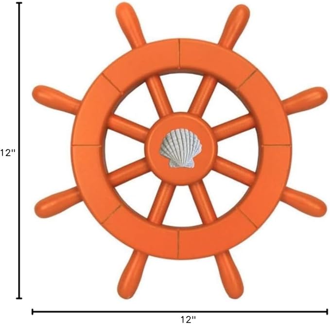 Hampton Nautical Decorative Ship Wheel with Seashell, 12", Orange