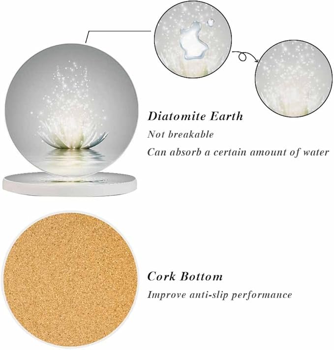 Lotus Flower Ceramic Coasters Beauty Silver Glowing Floral Plant Absorbent Drink Coasters Round Ceramic Table Coasters Set Decorative Coffee Cup Beverage Coasters Wine Beer Bar Coasters 2 Pack