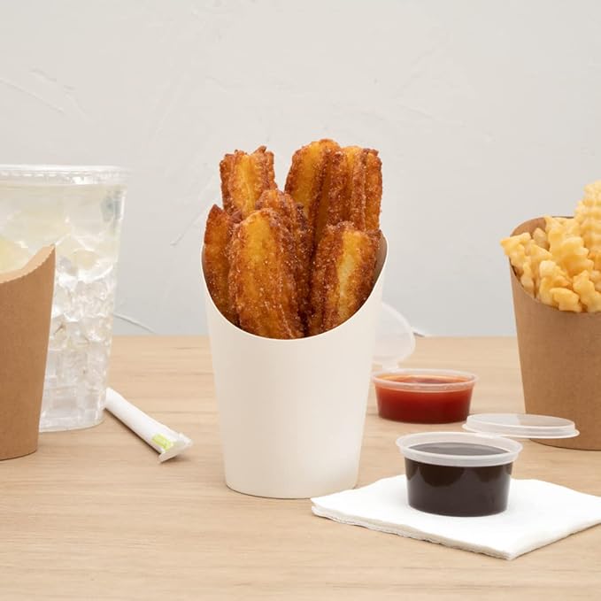 Restaurantware Bio Tek 12 Ounce French Fry Containers 100 Disposable Charcuterie Cups - Incline Design Round White Paper French Fry Cups Stackable For Waffles Chips or Popcorn