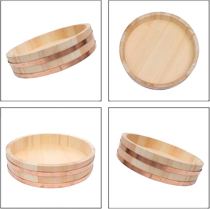 Round Sushi Rice Bowl Wooden Hangiri Sushi Oke Rice Mixing Tub with Copper Bands Rice Bucket Container Barrel for Restaurant Home Kitchen 30x7.5cm (42x10cm)