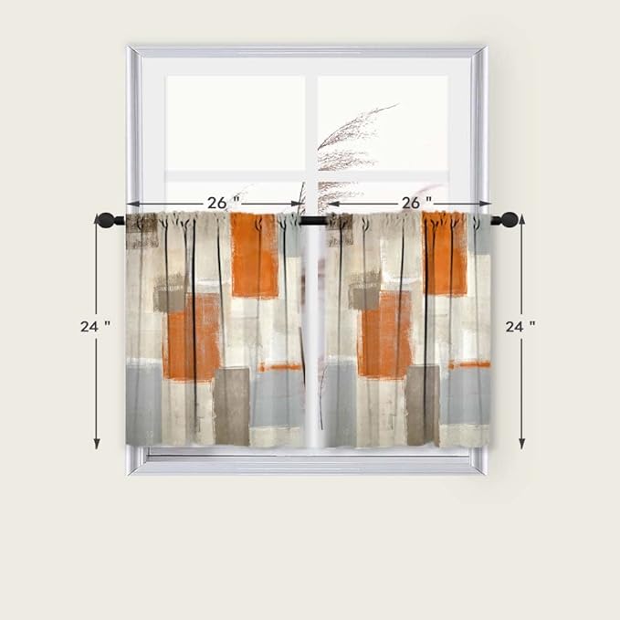 MCALK Beige Kitchen Curtains Tiers Set 2 Piece for Windows Orange Kitchen Window Curtains Set,Modern Abstract Art Valances for Living Room(24" Tiers Set)