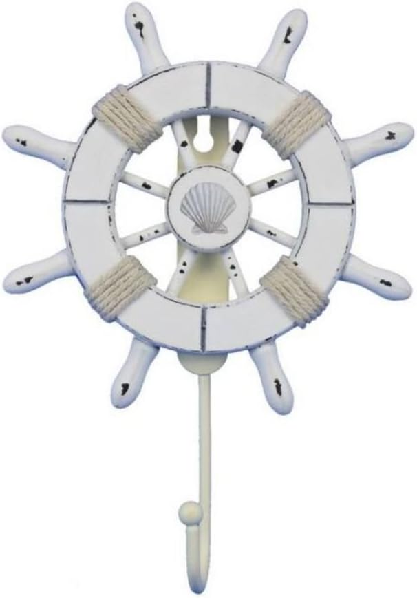 Handcrafted Nautical Decor Rustic All White Decorative Ship Wheel with Seashell with Hook 6" - Wooden Ship