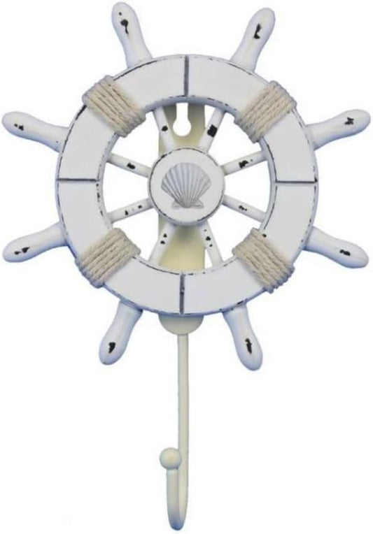 Handcrafted Nautical Decor Rustic All White Decorative Ship Wheel with Seashell with Hook 6" - Wooden Ship