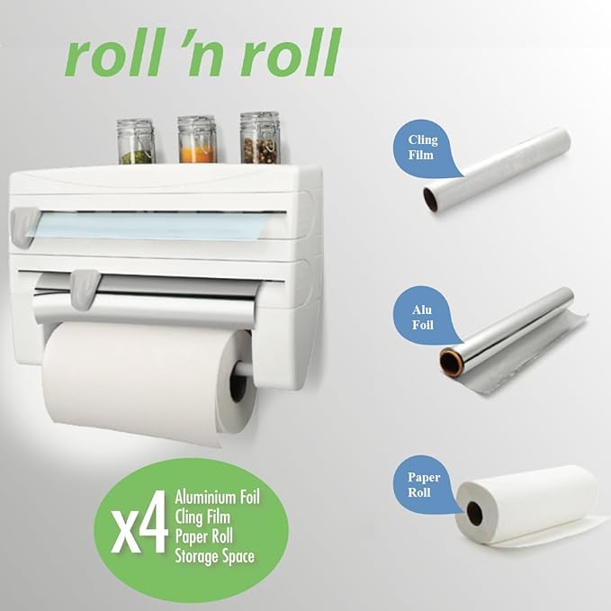 Metaltex 254410 Roll-n-Roll 4-in-1 Kitchen Roll Holder Dispenser, White, 39 x 10 x 25 cm.