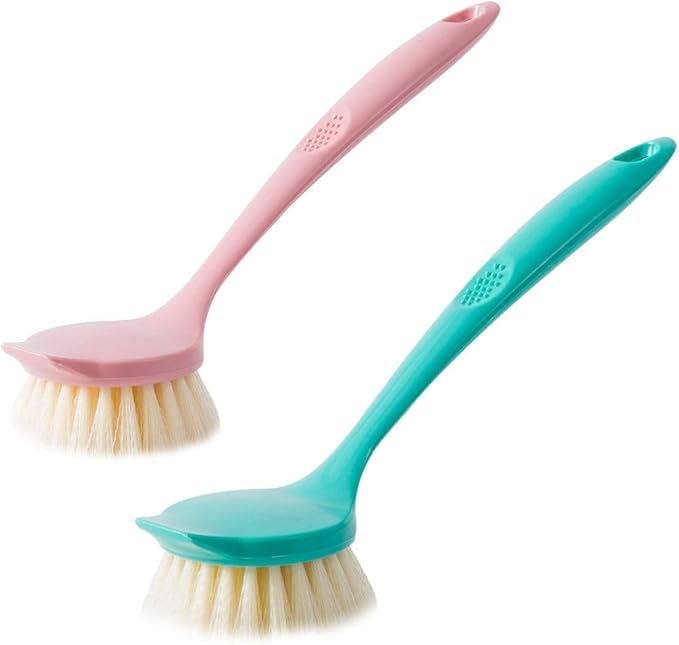 Kitchen Scrub Brush Sink Bathroom Brushes with Scraper Tip Comfortable Grip Odourless Bristles for Pot Pan Cast Iron Skillet Dishes Cleaning,Soft and Scratch Free. 2-Pack