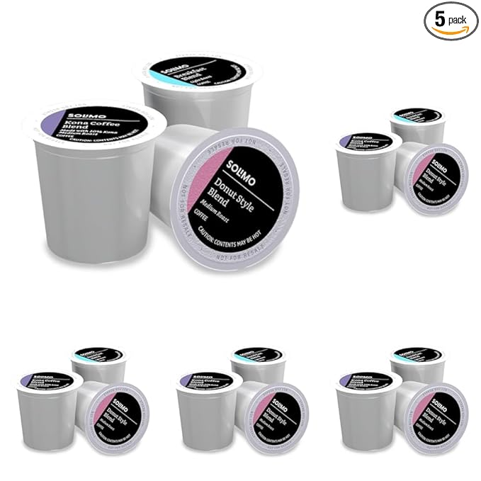 Amazon Brand - Solimo Light and Medium Roast Coffee Pods (Kona, Breakfast, Donut), Compatible with Keurig 2.0 K-Cup Brewers, 100 Count (Pack of 5)