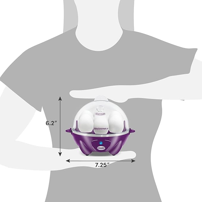 Elite Gourmet EGC700P# Rapid Egg Cooker, 7 Easy-To-Peel, Hard, Medium, Soft Boiled Eggs, Poacher, Omelet Maker, Auto Shut-Off, Alarm, 16-Recipe Booklet, BPA-Free, Eggplant