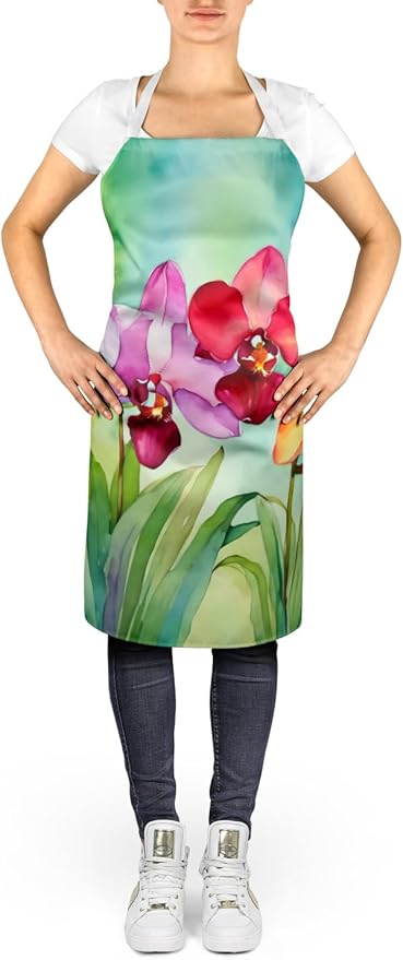 Caroline's Treasures Orchids in Watercolor Apron Cooking Kitchen Server Baking Crafts Gardening for Adult Women Men, Unisex, Large, Multicolor