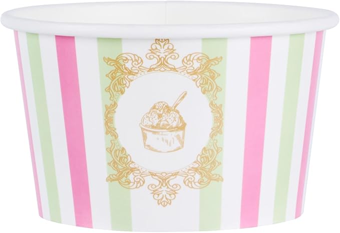 Coppetta 8 Ounce Dessert Cups, 50 Greaseproof Ice Cream Cups - Lids Sold Separately, For Hot And Cold Foods, Green And Pink Stripe Paper Yogurt Bowls, Disposable, Sturdy - Restaurantware