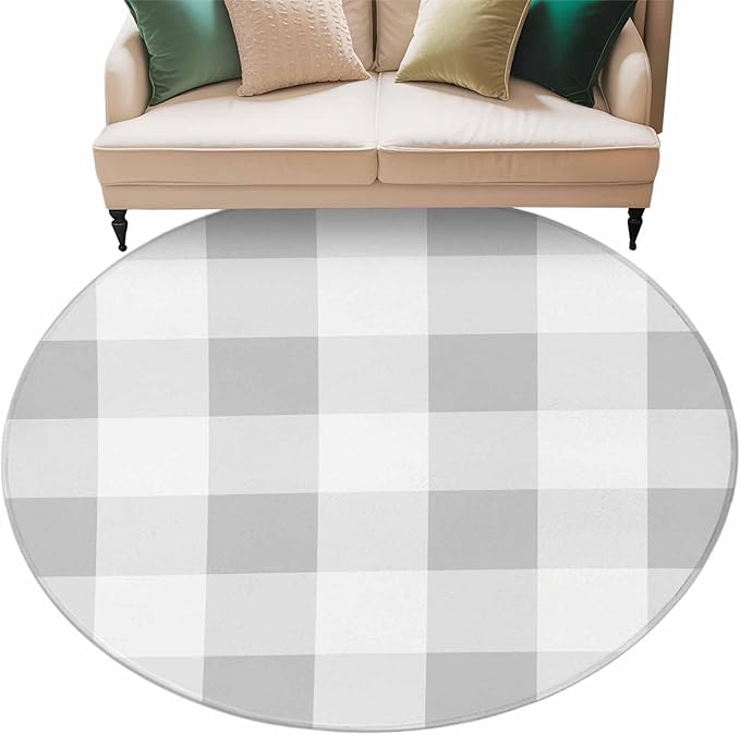 Washable Round Area Rug Light Grey White Plaid Circle Rugs Floor Carpet for Living Room Bedroom, Farmhouse Decoration Buffalo Check Soft Non Slip Round Rug 5ft