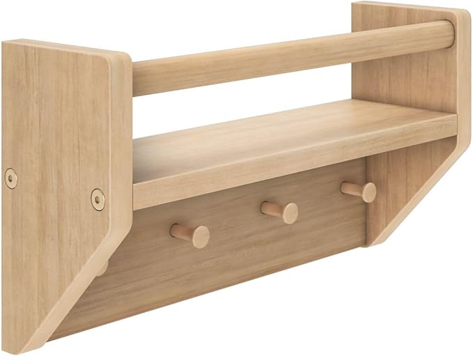 Max & Lily Wall Shelf with Pegs, 16 Inch Floating Bookshelf for Kids Room, Solid Wood Wall-Mounted Storage Shelf with Hooks for Backpacks, Jackets & Décor, Blonde