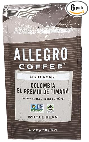 Allegro Coffee, Coffee Colombia El Premio De Timana Whole Bean, 12 Ounce (Pack of 6)