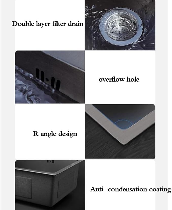Single Bowl Two Hole Stainless Steel Single Bowl Sink Durable and Practical Kitchen Sink Bar Sink Dishwashing Sink Thickened Panel (Black 68 * 45 * 21cm)