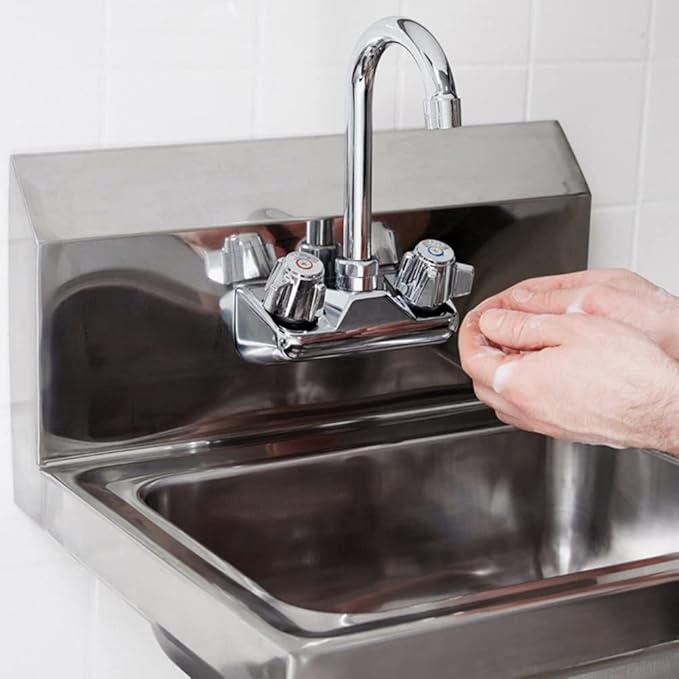 304 Stainless Steel Sink for Washing - Commercial Wall Mount Hand Basin for Restaurant, Kitchen and Home - Double Switch Faucet,Silver-43x39x14cm