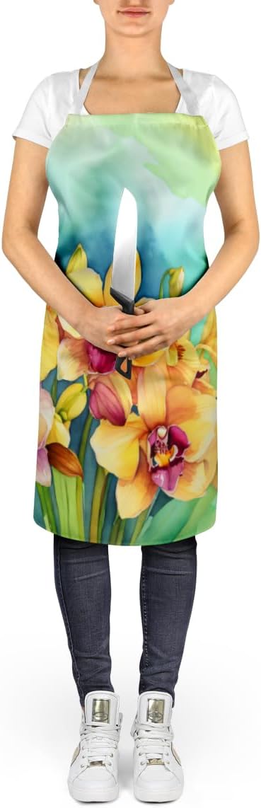 Caroline's Treasures Orchids in Watercolor Apron Cooking Kitchen Server Baking Crafts Gardening for Adult Women Men, Unisex, Large, Multicolor