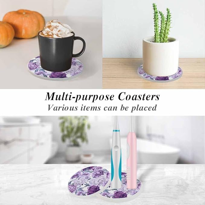 oFloral Purple Flower Coasters for Drinks Peonies Bloom Elegant Vintage Cups Place Mats for Home Decor Set of 2, 4 Inch