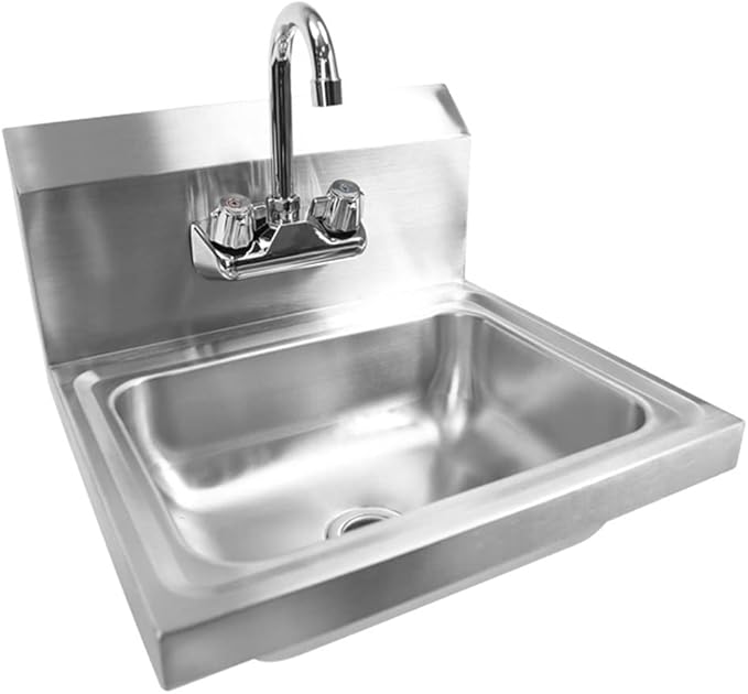 304 Stainless Steel Sink for Washing - Commercial Wall Mount Hand Basin for Restaurant, Kitchen and Home - Double Switch Faucet,Silver-43x39x14cm