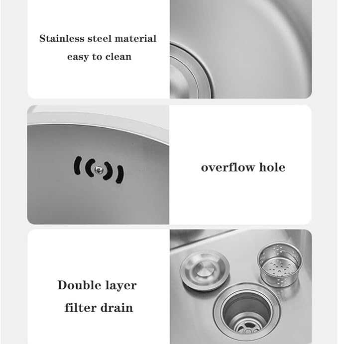 Single Bowl Silver Round Sink Mini Small Single Slot Bar Balcony Stainless Steel Sink Kitchen Under Counter Vegetable Washing Basin (Silver 36 * 36cm)