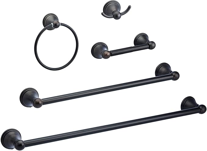 Amazon Basics Modern 5 Piece Bathroom Hardware Set, Oil Rubbed Bronze, Towel Bar, Toilet Paper Holder, Towel Ring, Robe Hook