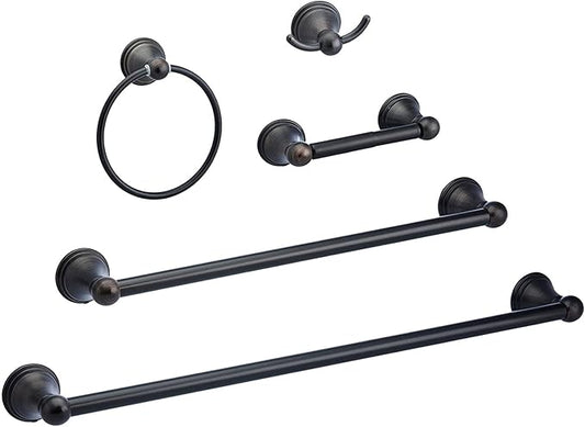 Amazon Basics Modern 5 Piece Bathroom Hardware Set, Oil Rubbed Bronze, Towel Bar, Toilet Paper Holder, Towel Ring, Robe Hook