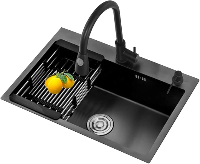 Single Bowl Black Stainless Steel Sink Multi-Size Single Bowl Sink Home Restaurant Washbasin Kitchen Dishwashing Sink Countertop Built-in Sink (Black 58X43cm)