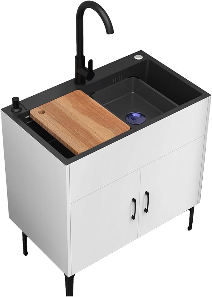 Cabinet Stainless Steel Sink with Storage,Commercial Kitchen Sink with Pull-Out Faucet,Bathroom Sink with Black Faucet and Storage Shelves,for Kitchen,Restaurant,Outdoor,Laundry