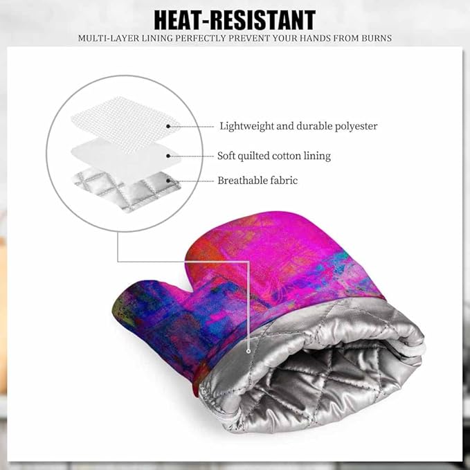 Mxocom Art Abstract Silicone Oven Mitts and Pot Holders Sets Bright Fuchsia Magenta Pink Red Yellow Green and Blue BBQ Gloves for Kitchen,Cooking,Baking,Grilling