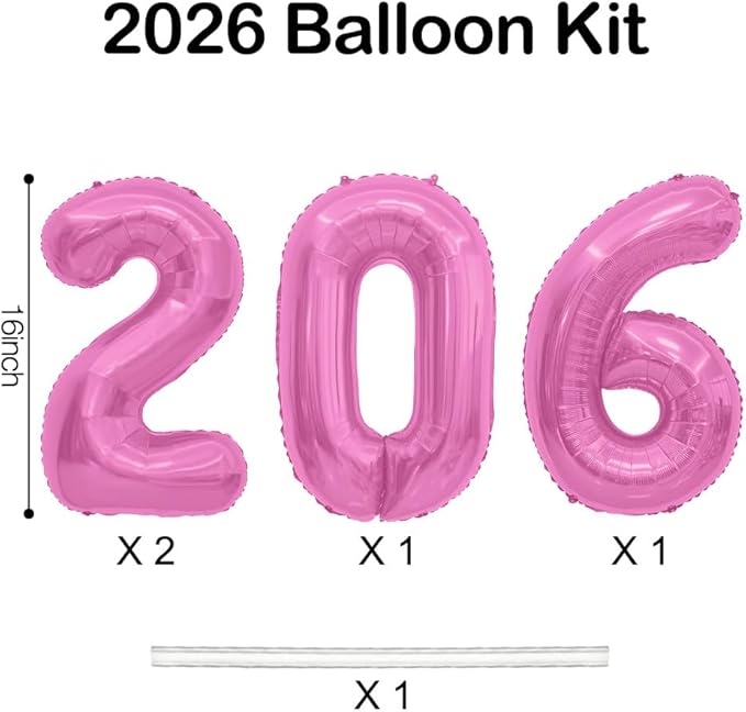 2026 Balloons, 2026 Number Balloons, 2026 Pink Balloon, Foil Happy New Year Balloon for New Year Eve Party Supplies 2026 Graduation Decorations Anniversary Birthday Home Office Decorations, 16 Inch