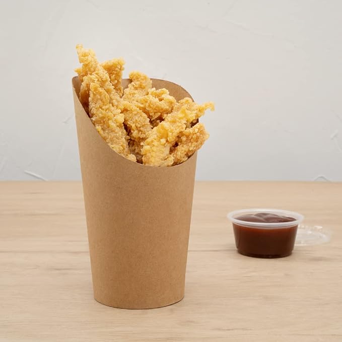 Restaurantware Bio Tek 16 Ounce French Fry Containers 100 Disposable Charcuterie Cups - Incline Design Round Kraft Paper French Fry Cups Stackable For Waffles Chips or Popcorn