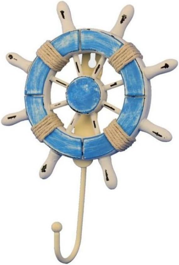 Hampton Nautical Wheel-6-109 Rustic Decorative Ship Wheel with Hook, 6", Light Blue and White