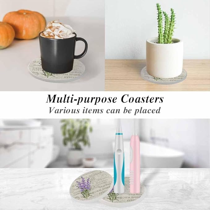 Purple Lavender Coasters for Drinks Coasters for Table Ceramic Absorb Stone Coasters with Coffee Table Cork Base for Home Decor 2 Pcs