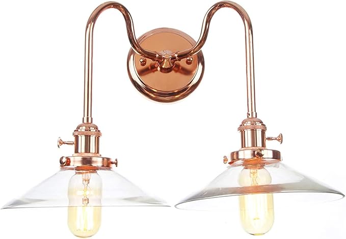 Wall Lamps with Switch, 2-Lights Rose Gold Bathroom Vanity Lights Wall Mounted Lighting Clear Glass Lampshade Wall Sconces(Color:F)