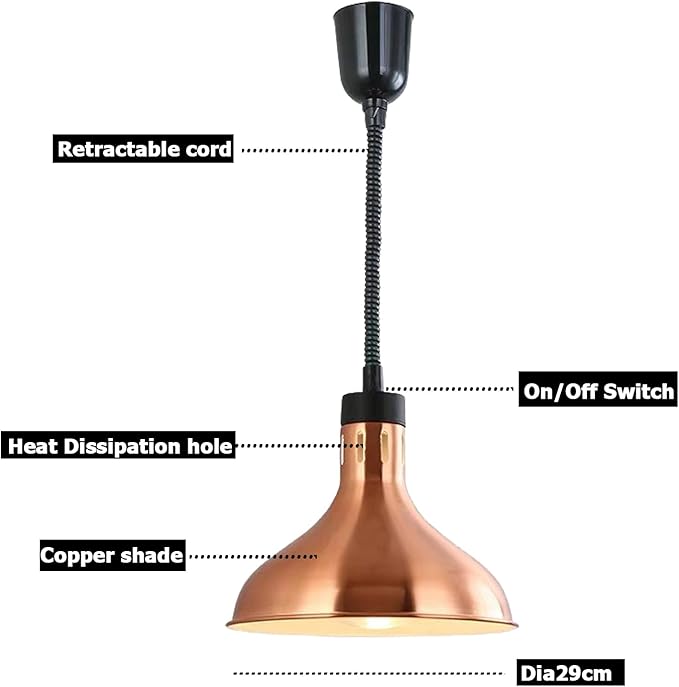 KOUDA Hanging Commercial Food Warmer Lights Telescopic Heating Lamps For Buffet Kitchen Restaurant (Bronze, Dia.29cm, Adjustable Height.60-150cm)