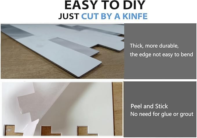 WEIMEISC 10 Sheets Peel and Stick Backsplash Tile for Kitchen, Self-Adhesive Mosaic Tile, Stick on Bathroom Vanities，Fireplace Décor, Laundry Table (White + Silver)