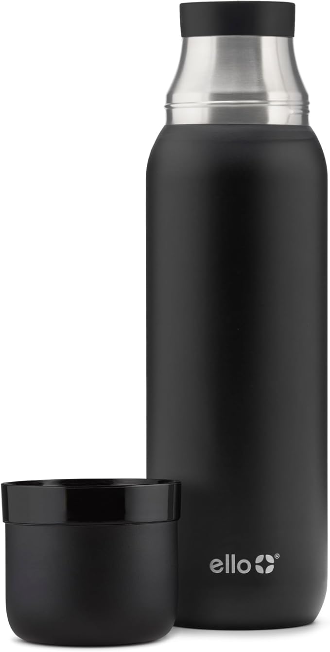 Ello Therma 32oz Insulated Stainless Steel Thermos for Hot & Cold Beverages with Leak Proof Lid & Built-in Cup, Triple Wall Insulation, Hot 24 Hrs, Perfect for Coffee,Tea, Dishwasher Safe, Black
