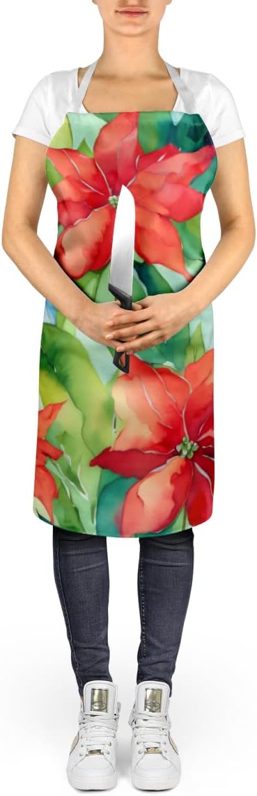Caroline's Treasures Poinsettias in Watercolor Apron Cooking Kitchen Server Baking Crafts Gardening for Adult Women Men, Unisex, Large, Multicolor