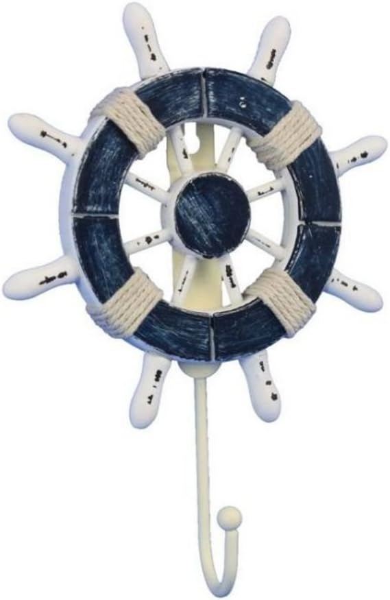 Hampton Nautical Wheel-6-108 Rustic Decorative Ship Wheel with Hook, 6", Dark Blue/White