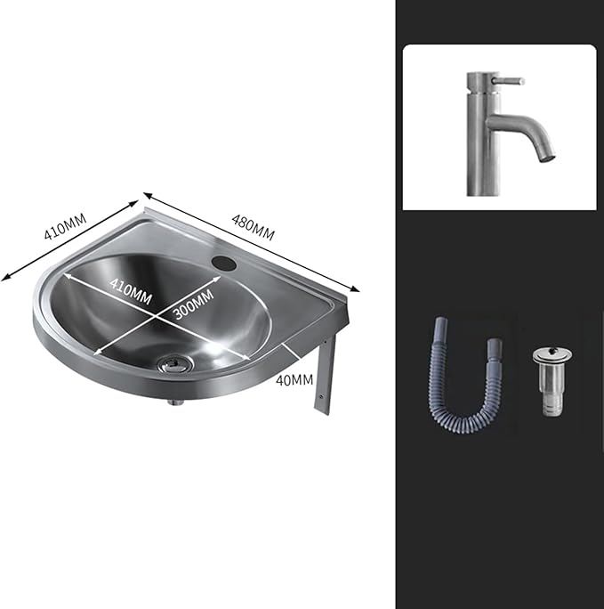 Wall Mounted Commercial Restaurant Sink, Stainless Steel Hand Basin with Faucet and Drain, Single Bowl Kitchen Sinks, for Commercial Restaurant Home Kitchen Workshop,Hot and cold water faucet-1