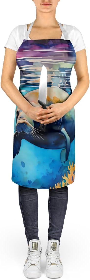 Caroline's Treasures Manatee Apron Cooking Kitchen Server Baking Crafts Gardening for Adult Women Men, Unisex, Large, Multicolor