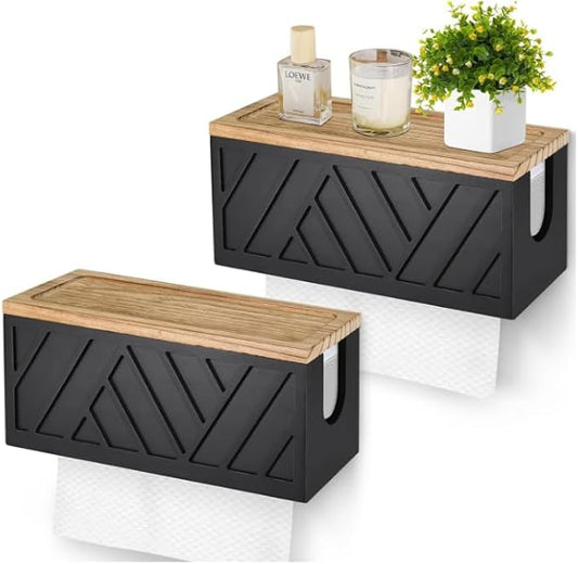 Qivine 2Pcs Paper Towel Dispenser Wall Mount, 2-in-1 Wooden Paper Towel Holder, Toilet Napkin Holder Dispenser with Lid Removable Top Tray for Bathroom Kitchen Decor Home and Commercial(2, Black)