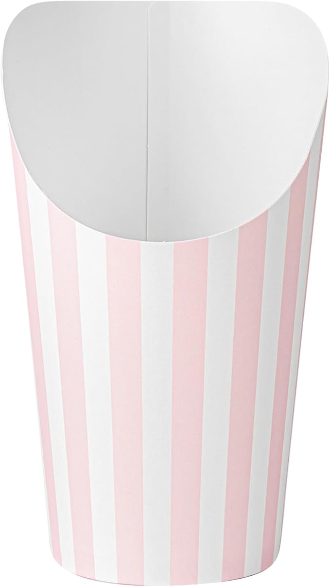 Bio Tek 16 Ounce French Fry Containers, 100 Disposable Charcuterie Cups - Incline Design, Round, Striped Paper French Fry Cups, Stackable, For Waffles, Chips, or Popcorn - Restaurantware