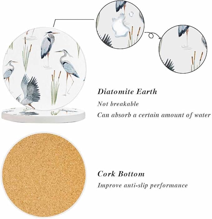 oFloral Grey Heron Coasters for Drinks Birds Reeds River Chinese Style Cups Place Mats for Home Decor Set of 2, 4 Inch
