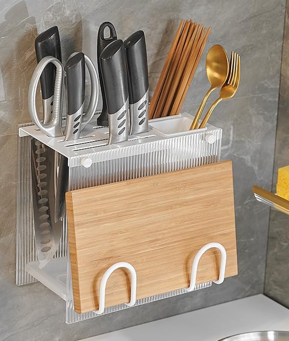 Kitchen Shelf, Chopsticks, Knife Storage Rack, Wall-Mounted Cutting Board Shelf, A-Style White [Knife Holder + Chopstick cage + Cutting Board]