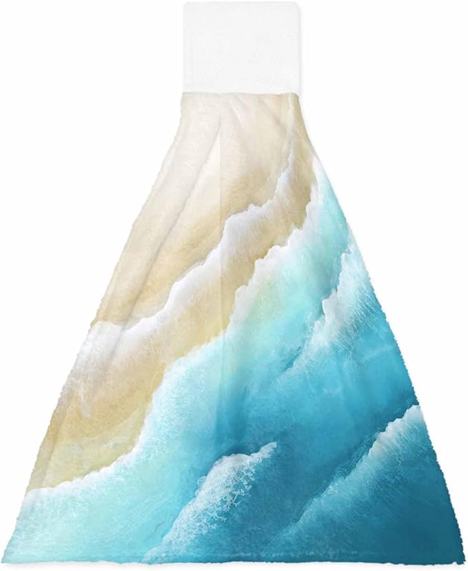 Alandar Home Kitchen Tie Towel Set of 1, Summer Blue Gradients Wave Absorbent Soft Hand Towels for Bathroom Hanging Towels, Sandy Beaches Fast Drying Cleaning Cloth with Loop