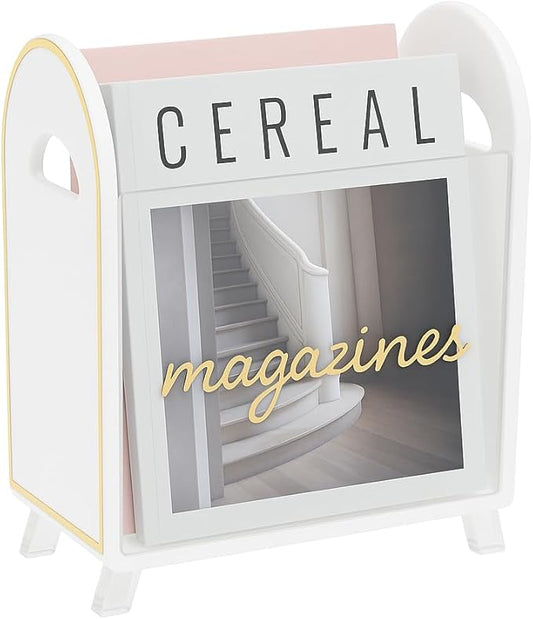 Khen Acrylic Magazine Rack Holder & Gold Trim - 12.40" x 10" x 4.49" - Crystal Lucite Clear - Shatterproof - Open Top - Space Saver - For Magazines, Publications, Office Desk, Reception, Waiting Room