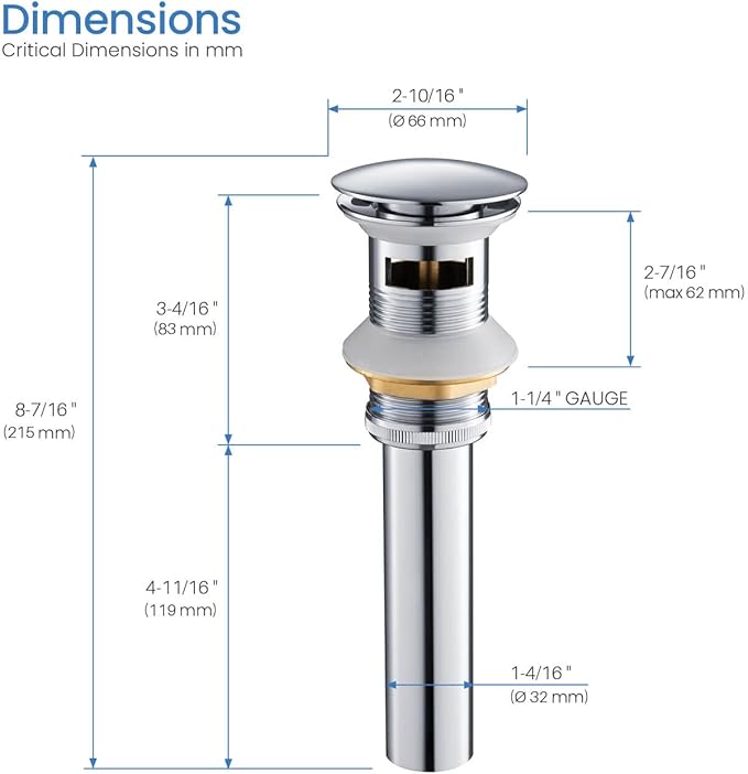 KIBI Sink Pop-Up Drain with Overflow – Full Cover Lavatory Drain Stopper, Chrome Finish, Leak-Proof Bathroom Sink Drain, Easy Install, Universal Fit, Durable Vanity Basin Accessory