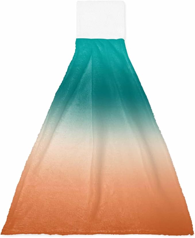 Alandar Home Kitchen Tie Towel Set of 1, Turquoise Orange Gradient Absorbent Soft Hand Towels for Bathroom Hanging Towels, Watercolor Stripes Ombre Fast Drying Cleaning Cloth with Loop
